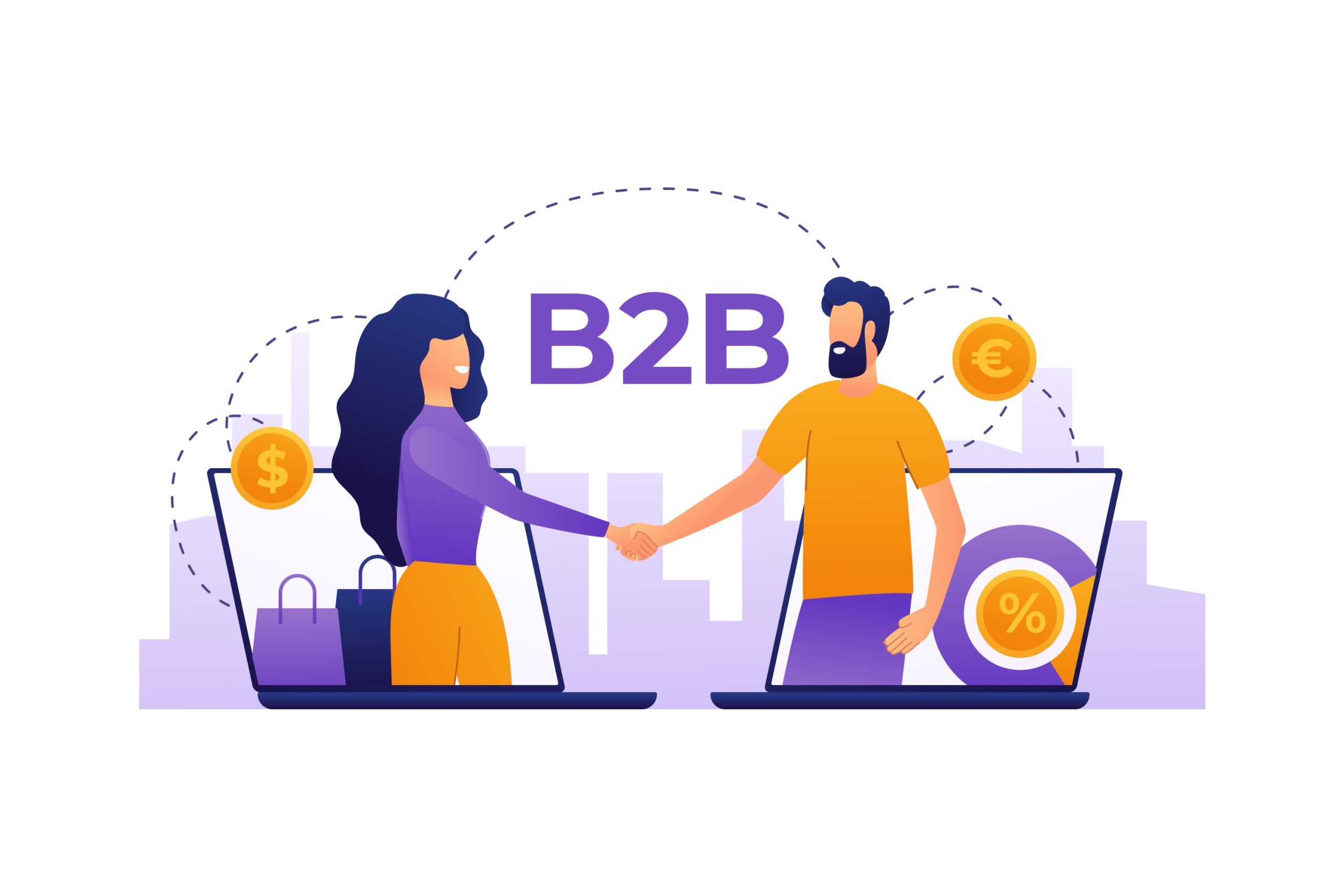 Image depicting the concept of a B2B marketplace with various business interactions