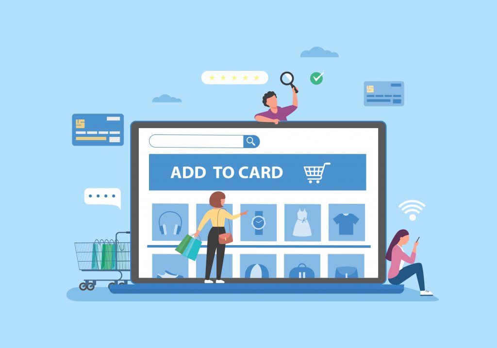 Online shopping illustration with a woman selecting items on a digital screen labeled "Add to Card" and various product icons.