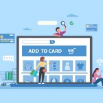 Online shopping illustration with a woman selecting items on a digital screen labeled "Add to Card" and various product icons.