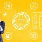 Woman holding a tablet stands before yellow wall with RPA and automation icons, symbolizing AI-enhanced customer interactions.