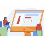 Person shopping online for dresses using laptop, surrounded by boxes and bags — eCommerce illustration