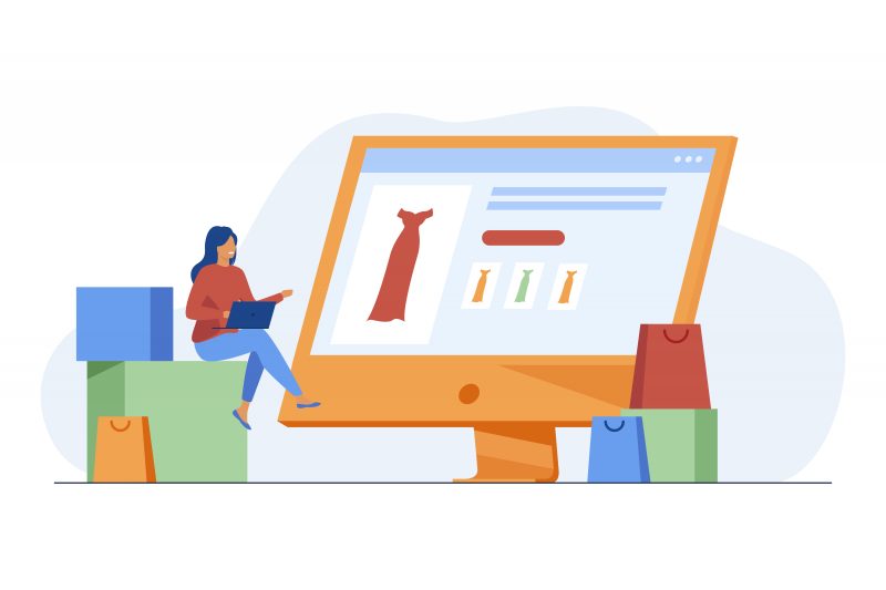 Person shopping online for dresses using laptop, surrounded by boxes and bags — eCommerce illustration